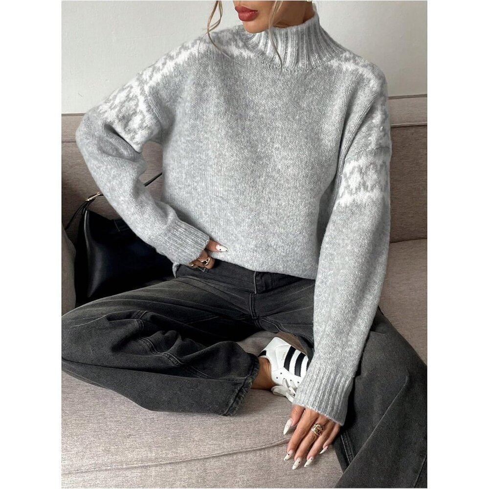 Women's Apricot High Neck Cozy Loose Knitted Long Sleeve Sweaters - Picture 3 of 6